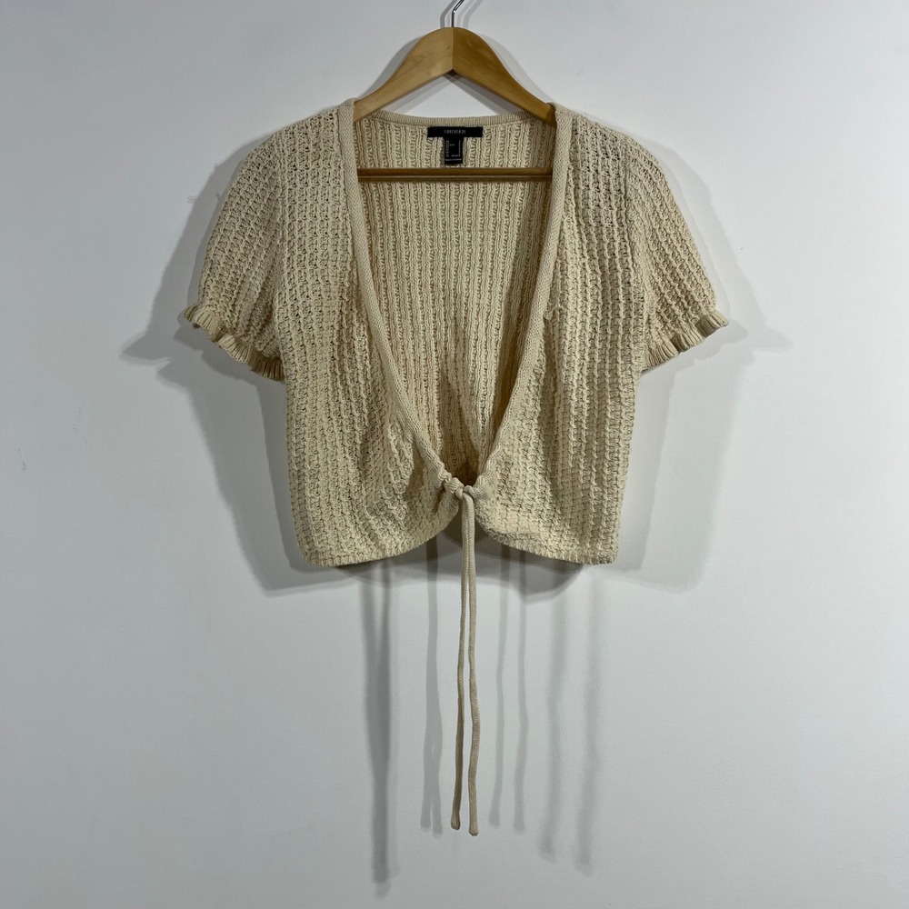 Forever21 Coastal Festival Open Knit Tie Front Cropped Cardigan Womens Small Y2K